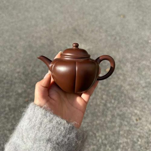 上等紫朱泥，全手工筋纹器【六瓣秋水】